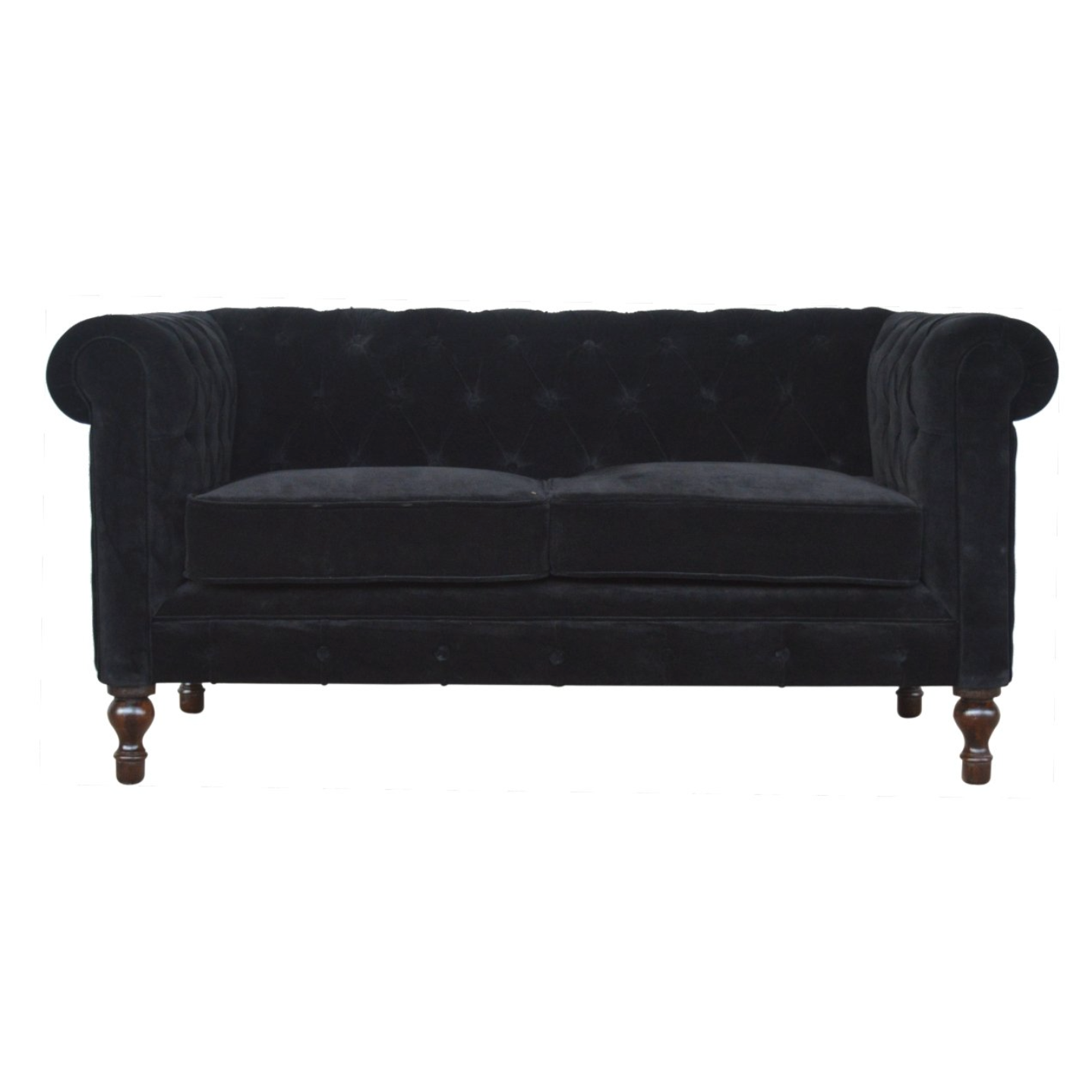 Nørthhaus Black Velvet Chesterfield Sofa Front View with Deep Button Tufting and Classic Sheltering Arms