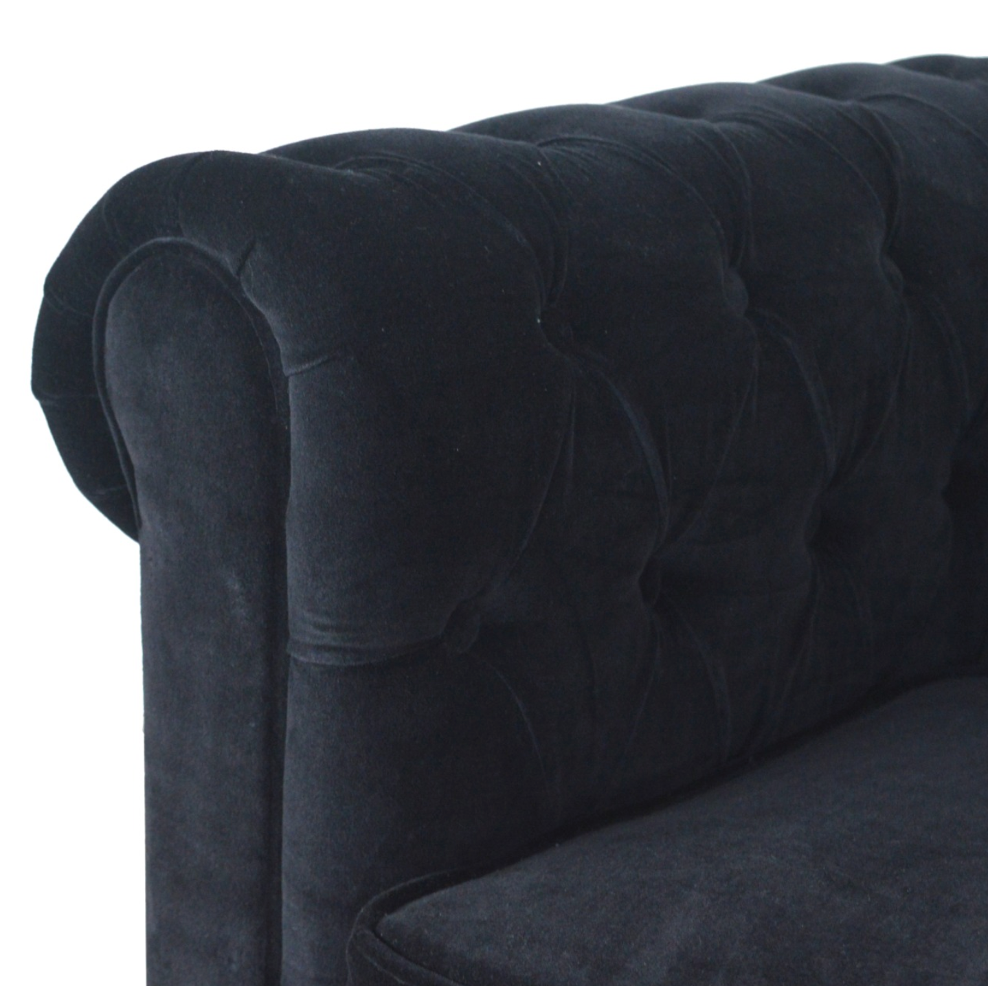 Detail of Hand-Turned Walnut Finish Mango Wood Legs on Black Velvet Chesterfield Sofa