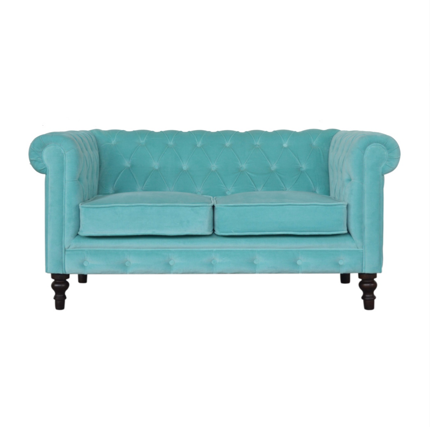 Nørthhaus Aqua Velvet Chesterfield Sofa Front View with Deep Button Tufting and Sheltering Arms