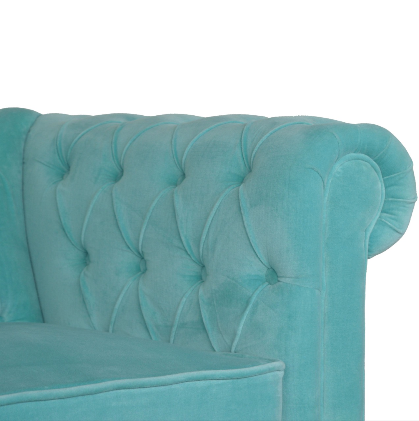 Detail of Hand-Turned Solid Mango Wood Legs with Walnut Finish on Aqua Velvet Chesterfield Sofa