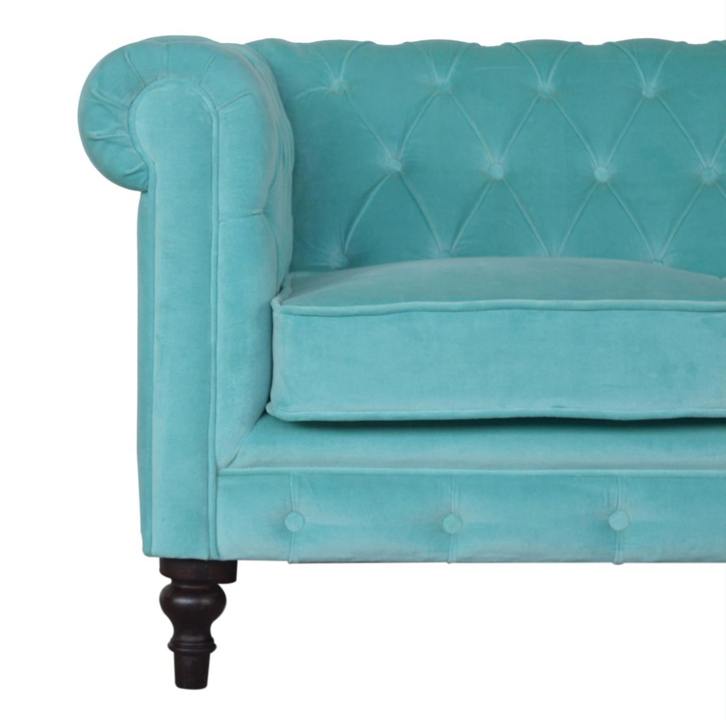 Detail of Hand-Turned Solid Mango Wood Legs with Walnut Finish on Aqua Velvet Chesterfield Sofa