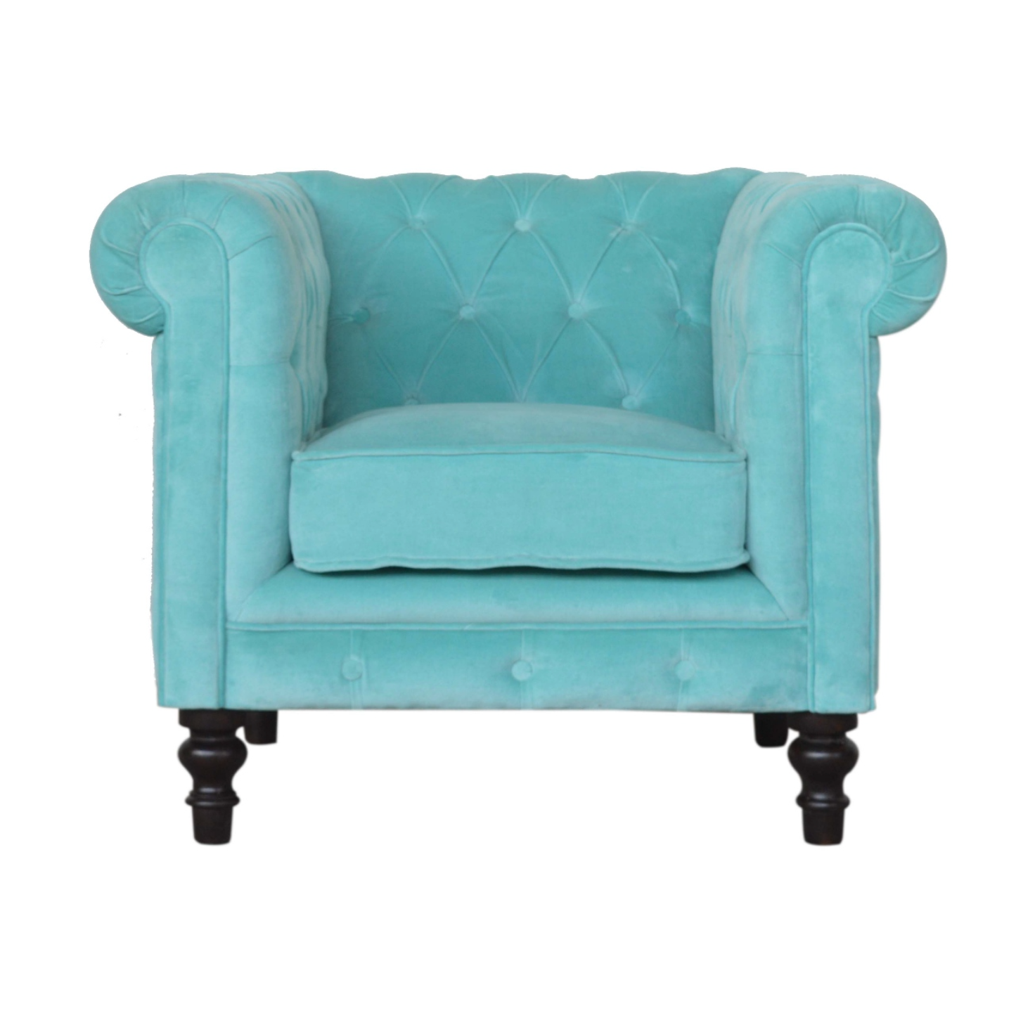 Nørthhaus Aqua Velvet Chesterfield Armchair Front View with Deep Button Tufting