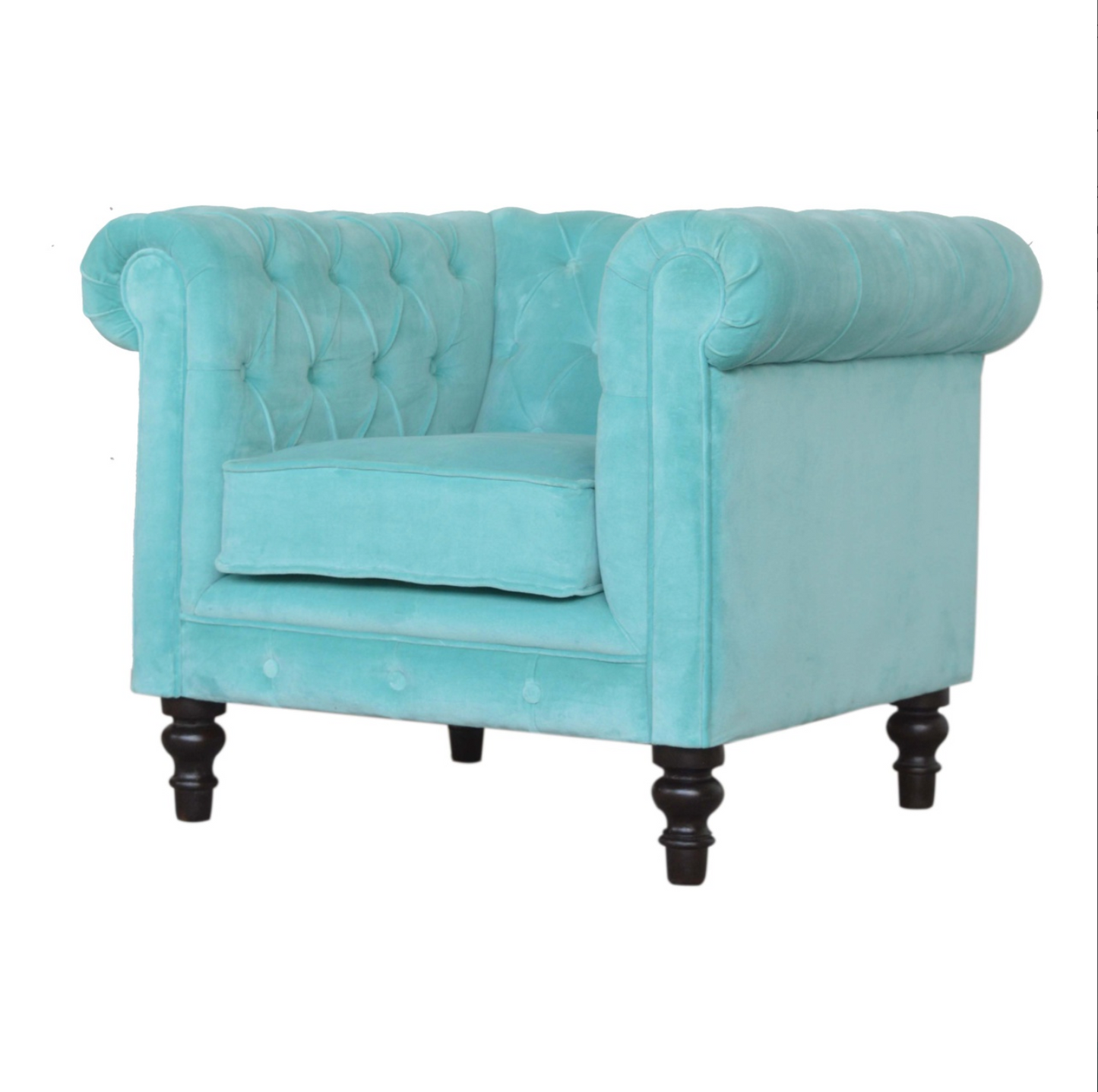 Side Profile of Aqua Velvet Chesterfield Armchair by Nørthhaus