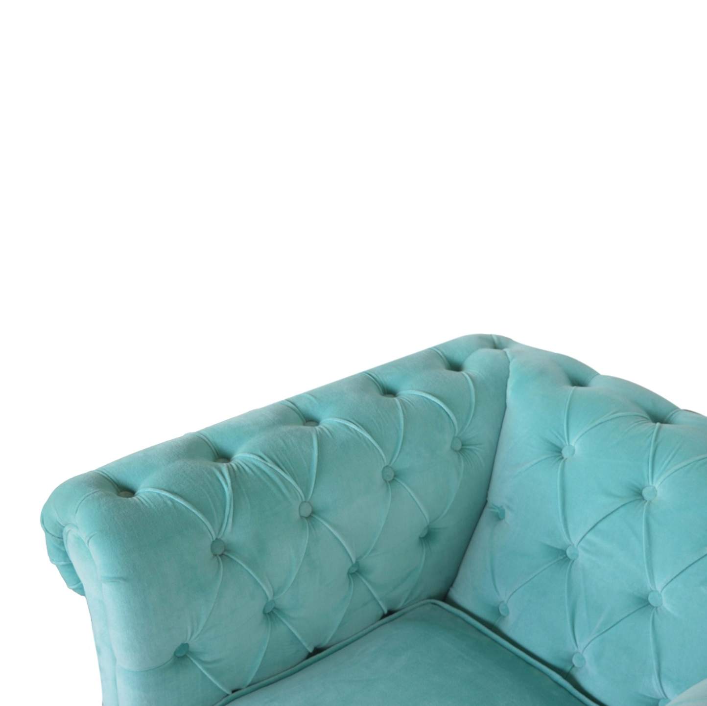 Close-up of Armrest Curve and Stitching Detail on Aqua Velvet Chesterfield Armchair by Nørthhaus