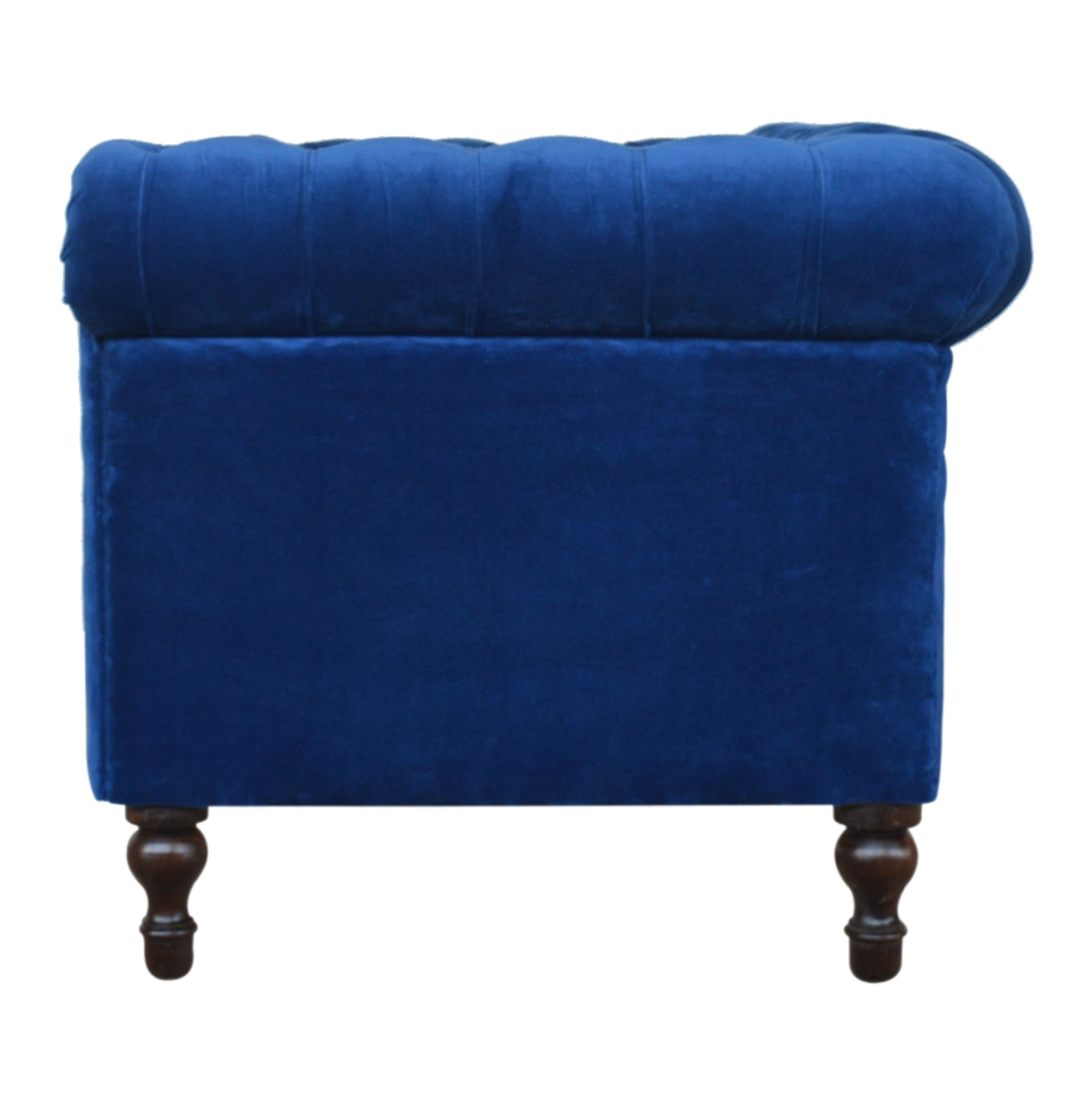 Alternate Side View of Royal Blue Velvet Chesterfield Sofa Showing Armrest Detail