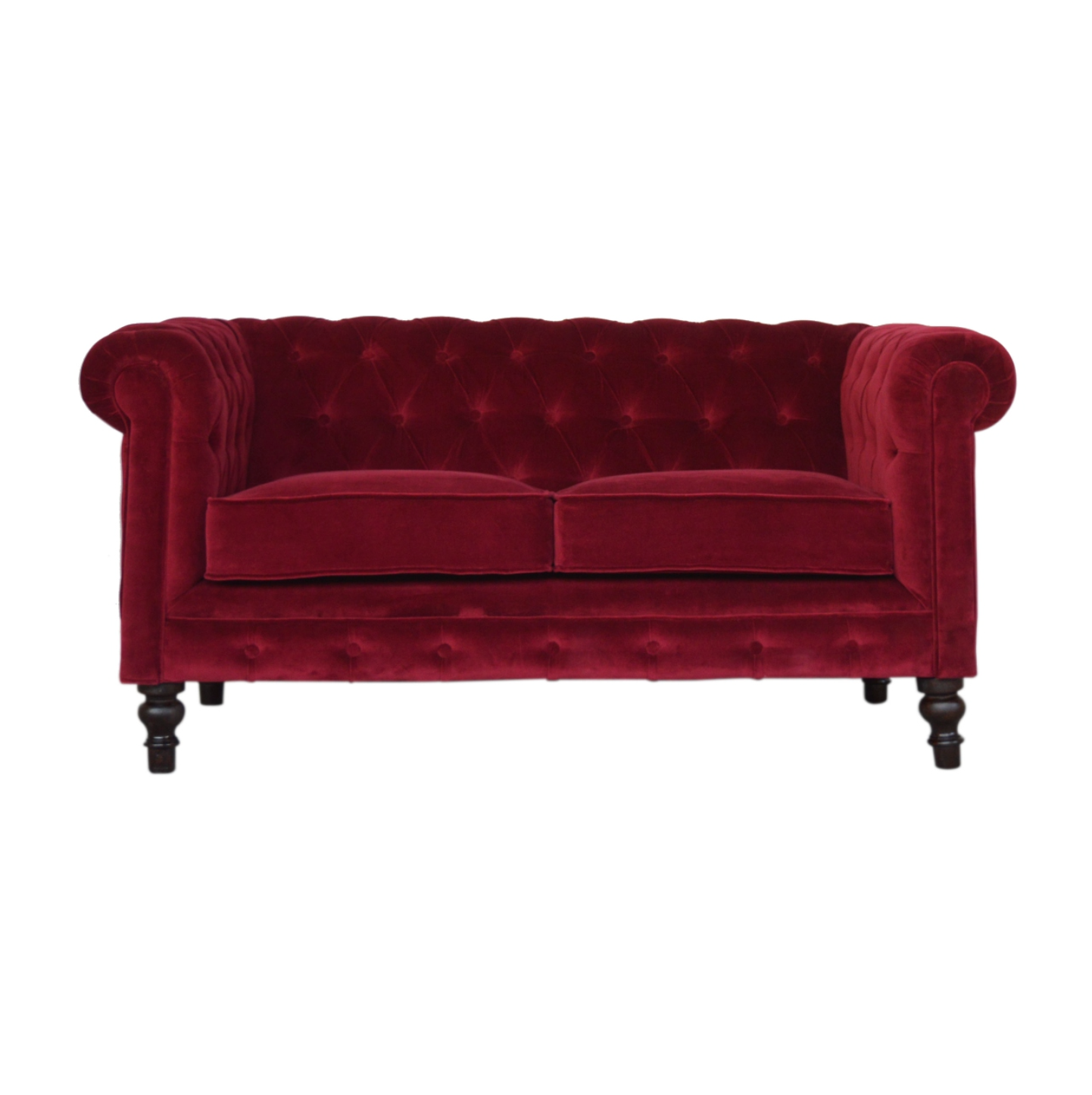 Nørthhaus Wine Red Velvet Chesterfield Sofa Front View with Deep Button Tufting and Sheltering Arms