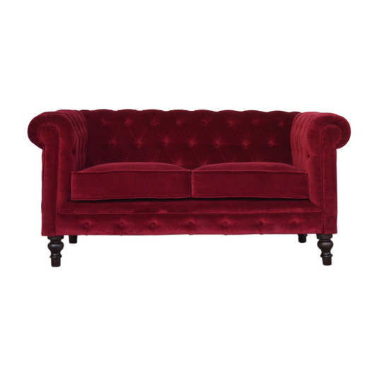Nørthhaus Wine Red Velvet Chesterfield Sofa Front View with Deep Button Tufting and Sheltering Arms