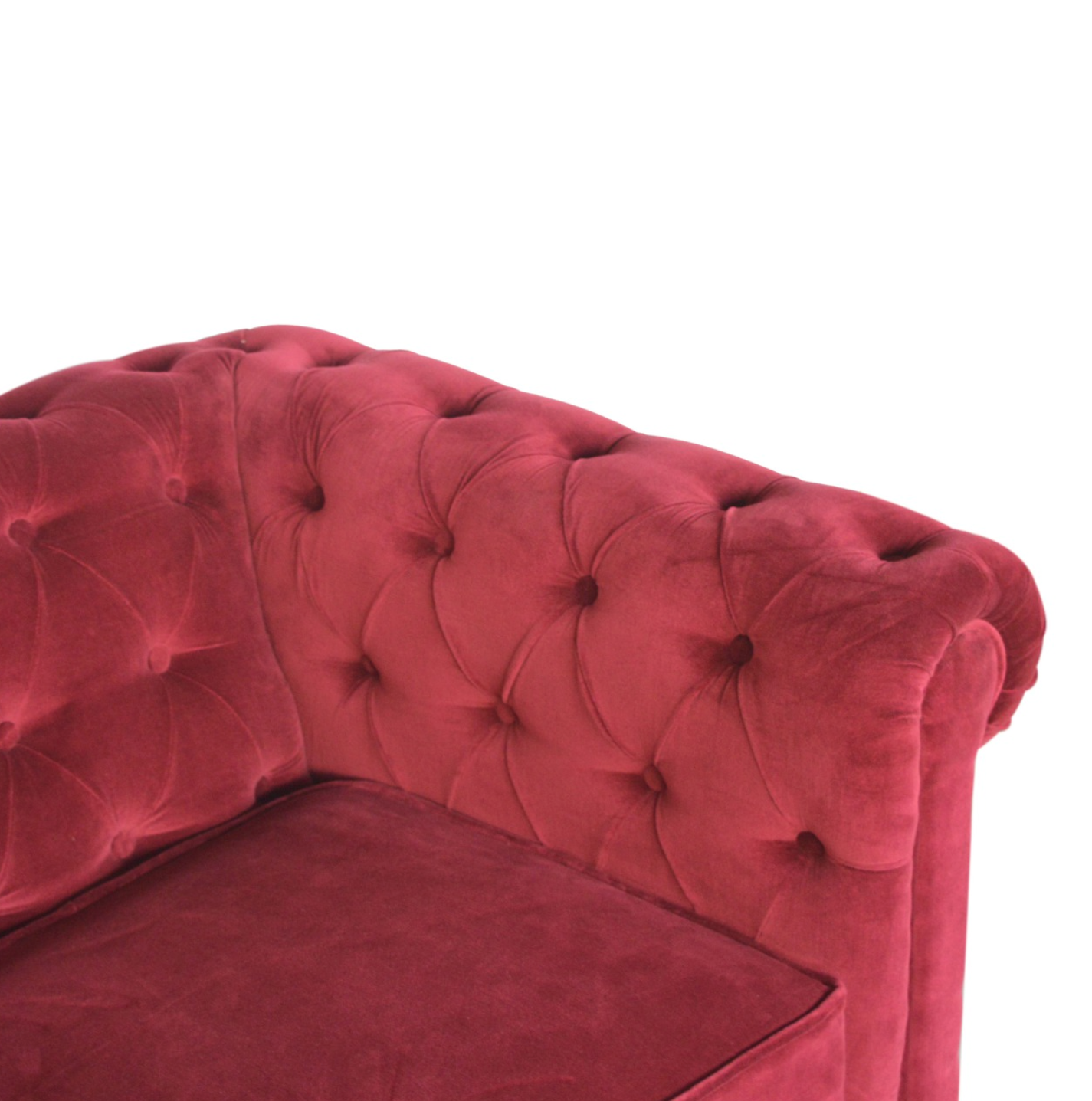 Detail of Hand-Turned Walnut Finish Mango Wood Legs on Wine Red Velvet Chesterfield Sofa