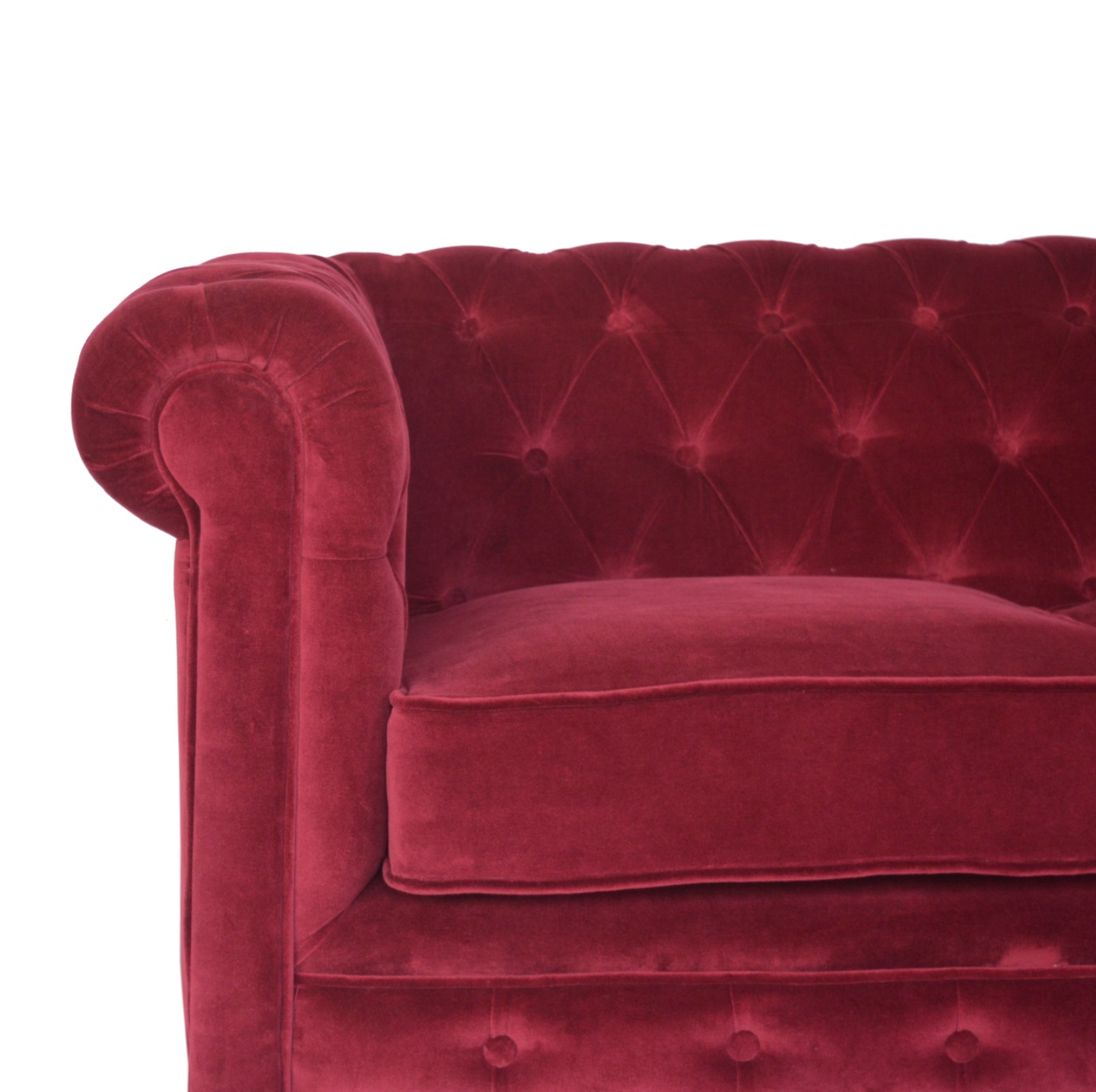 Close-up of Wine Red Cotton Velvet Fabric and Tufted Detailing on Sofa