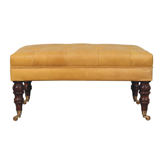 Nørthhaus Honey Caramel Buffalo Leather Ottoman Front View with Deep Buttoned Top