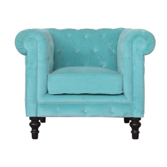 Nørthhaus Aqua Velvet Chesterfield Armchair Front View with Deep Button Tufting