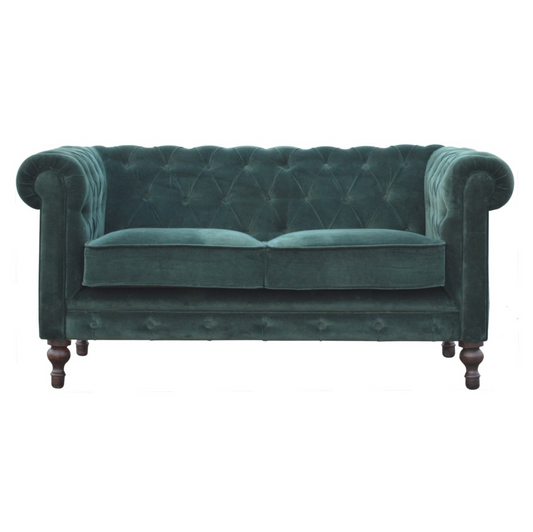 Nørthhaus Emerald Green Velvet Chesterfield Sofa Front View with Solid Mango Wood Legs