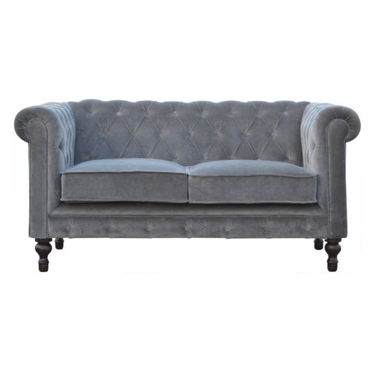 Nørthhaus Grey Velvet Chesterfield Sofa Front View with Solid Mango Wood Walnut Finish Legs