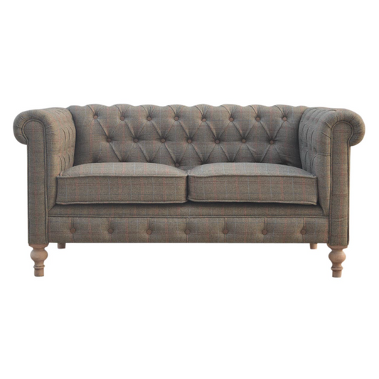 Nørthhaus Multi Tweed 2 Seat Chesterfield Sofa Front View with Solid Mango Wood Frame