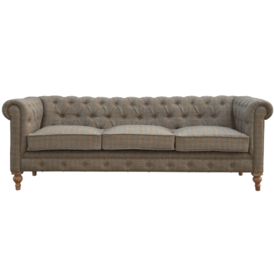 Nørthhaus Multi Tweed 3 Seat Chesterfield Sofa Front View with Solid Mango Wood Frame