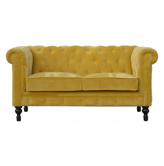 Nørthhaus Mustard Velvet Chesterfield Sofa Front View with Solid Mango Wood Walnut Finish Legs