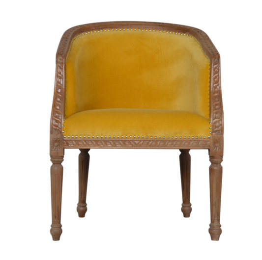 Nørthhaus Mustard Velvet Occasional Chair Front View with Solid Mango Wood Legs