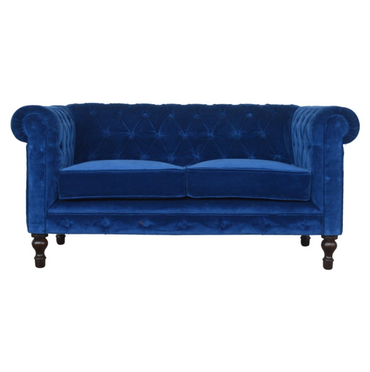 Nørthhaus Royal Blue Velvet Chesterfield Sofa Front View with Solid Mango Wood Legs
