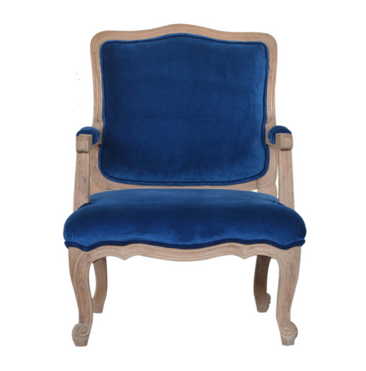 Nørthhaus Royal Blue Velvet French Chair Front View with Carved Mango Wood Legs