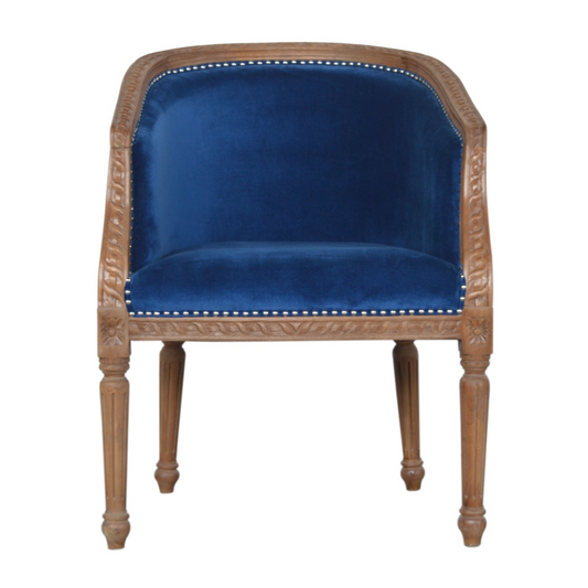 Nørthhaus Royal Blue Velvet Occasional Chair Front View with Mango Wood Legs