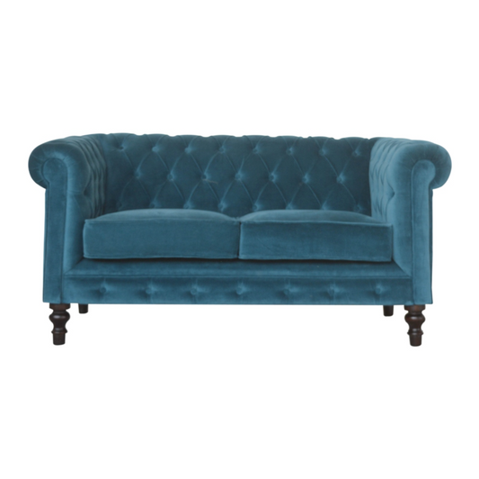 Nørthhaus Teal Velvet Chesterfield Sofa Front View with Solid Mango Wood Walnut Finish Legs