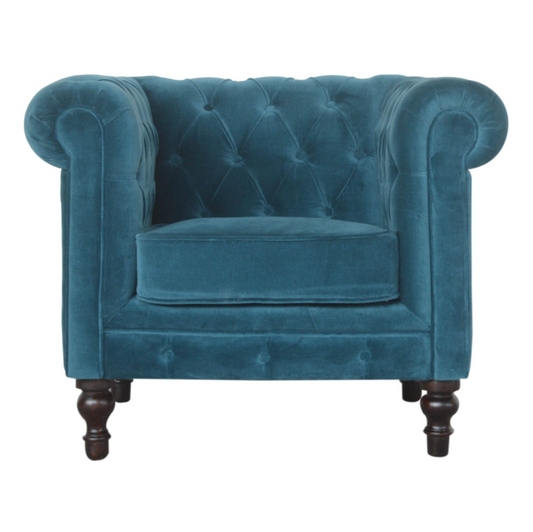 Nørthhaus Teal Velvet Chesterfield Armchair Front View with Solid Mango Wood Walnut Finish Legs

