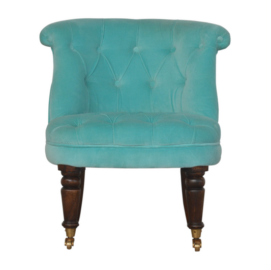 Nørthhaus Turquoise Velvet Accent Chair Front View with Solid Mango Wood Legs